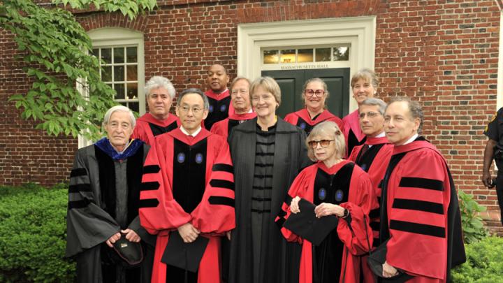 President Faust with this year's honorary degree recipients. From left to right: Sidney Verba, Pedro Almodóvar, Steven Chu, Wynton Marsalis, Ronald Dworkin, Faust, Wendy Doniger, Joan Didion, Sarah Blaffer Hrdy, Anthony Fauci, and Robert Langer