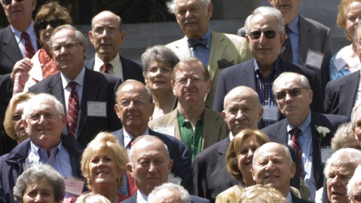 June 3, 2009: Members of the reunion class of 1954, including former Harvard Magazine editor John Bethell (second row from bottom, center)