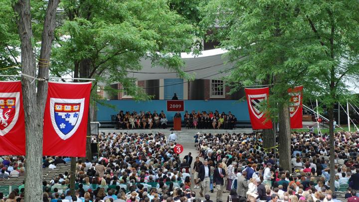 June 3, 2009: The view from the Widener Library steps, as first marshal Lumumba Seegars ’09 gives the opening remarks at the College’s Class Day proceedings.
