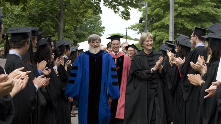 President Drew Faust and Mallinckrodt professor of physics Howard Georgi, president of Harvard College’s Phi Beta Kappa chapter, lead dignitaries into Sanders Theatre for the literary exercises as the undergraduate members of the chapter applaud. This year’s orator, Gurney professor of English literature and professor of comparative literature James Engell, marches just behind Faust and Georgi.