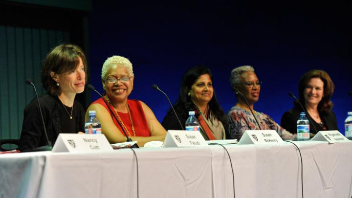 During the panel: Susan Faludi, Susan McHenry, Priyamvada Natarajan, Nell Irvin Painter, Diana Scott