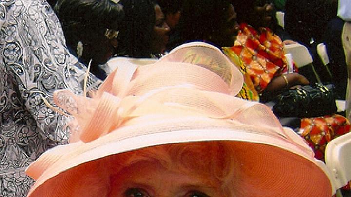 Betty Breck, Radcliffe '60, purchased this fancy hat in honor of her fiftieth—and first—class reunion!