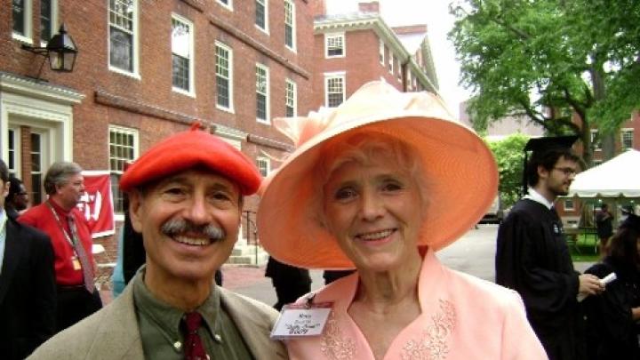 David Wizansky and Betty Breck model two outstanding examples of 50th Reunion head gear while waiting for the alumni/ae parade.