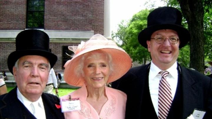 Unidentified member of the "Happy Observance of Commencement Committee" (left) ensures that Betty Brec and unidentified usher enjoy the 2010 Commencement alumni/ae parade.