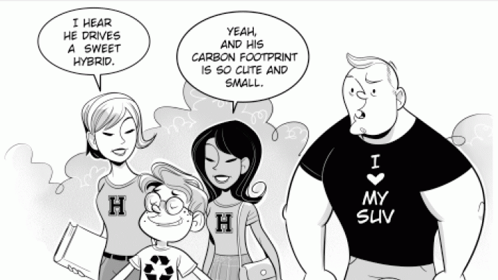 The winning entry in Harvard’s 2008 environmental cartoon contest, created by Matt Smith, a staff member at the Fine Arts Library