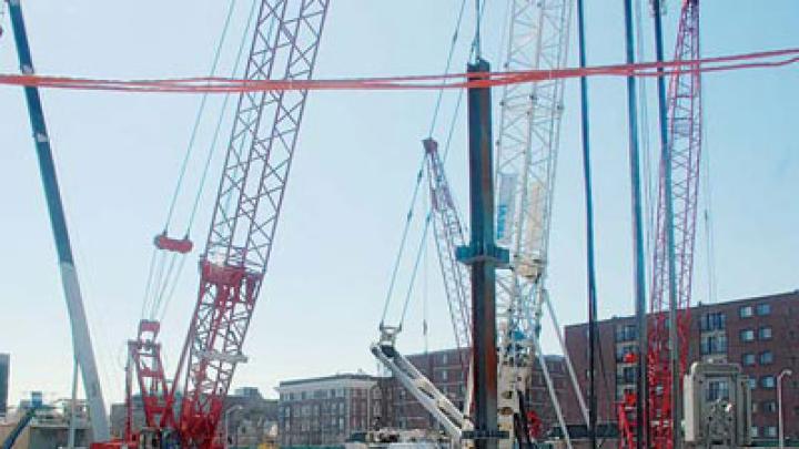 Cranes dominate the future site of the Law School&rsquo;s Northwest Corner Building. 