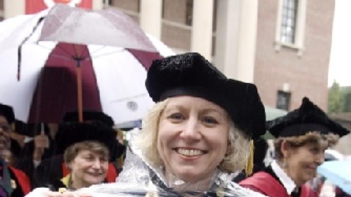 Elizabeth Fleming, President of Converse College, in the preferred garb of the day: academic gown and Harvard-supplied po
