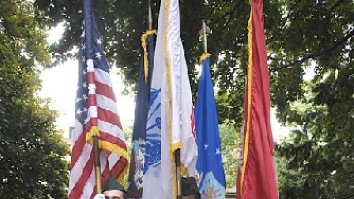 At the end of the installation ceremonies, a color guard of Harvard ROTC cadets led the parties from the stage in front of Memorial Church.