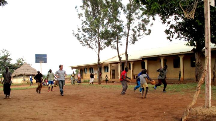 Playing basketball on the orphanage grounds