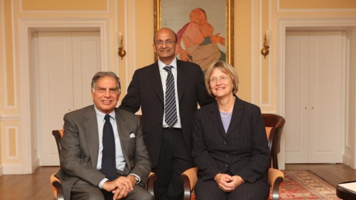 Left to right: Ratan Tata, Nitin Nohria, and Drew Faust at Harvard Business School.