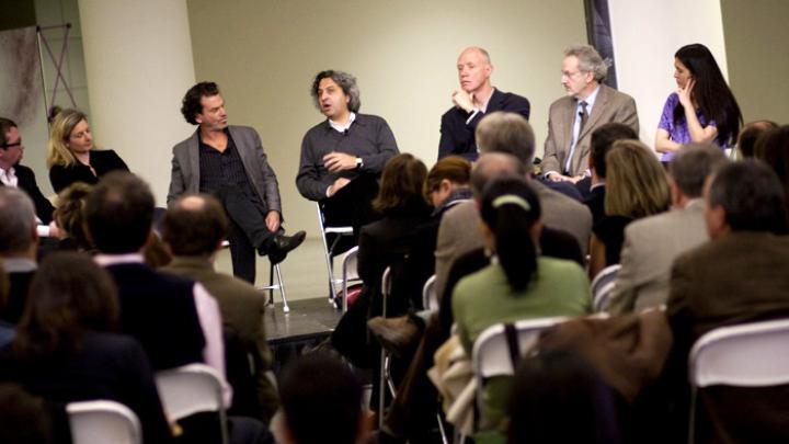 The panel discussion at the Laboratory at Harvard opening. From left to right: Michael John Gorman, Lisa Randall, David Edwards, Mohsen Mostafavi, Ken Arnold, Donald Ingber, and Diane Paulus.