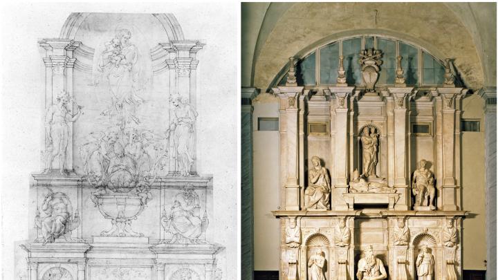 Left: Michelangelo, tomb of Julius II, project of 1505, pen and ink, brush and wash, over stylus ruling and metalpoint. Right: Michelangelo, tomb of Julius II, begun 1505; &ldquo;compromised&rdquo; completion 1545, San Pietro in Vincoli, Rome