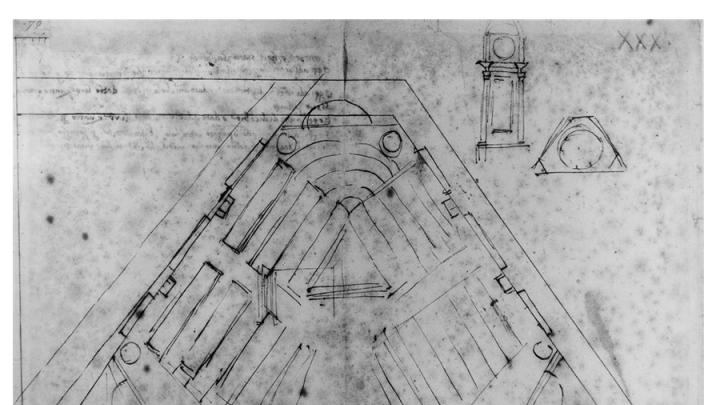 Above: Michelangelo, sketch for the Laurentian Library, rare books room, pen and ink. Below: Michelangelo, study for the Laurentian Library, rare books room, black chalk, pen and ink