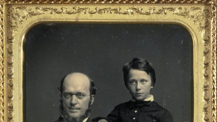 Henry James Sr. poses with his son Henry Jr. at Mathew Brady&rsquo;s studio in New York City, 1854.
