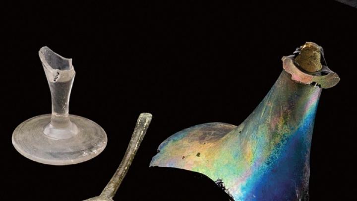 Pottery and glass shards unearthed from excavations of the Harvard campus.