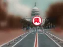 Montage depicting a road leading to the capitol with a street sign with the republican party symbol