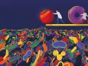 Illustration of an apple being pushed from a platform into a sea of colorful microbes