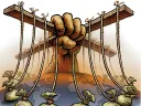 Illustration of a puppeteer manipulating bags of money around the world