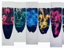 Abstract photographs of colored lights, hands, and swirls