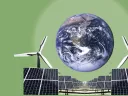 Graphic depicting the earth among wind turbines and solar panels 