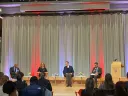 "Combatting Censorship, Disinformation, and Hate"  panelists, left to right: Klein professor of law Randall Kennedy,  Suzanne Nossel '91, J.D. '96, former Dean of the College at University of Chicago John Boyer, and Harvard College Dean Rakesh Khurana