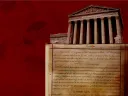 Supreme Court atop 14th amendment with voting stickers in background