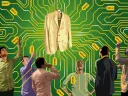 illustration in which six consumers are presented by an AI-driven algorithm with different prices for the same product, a jacket