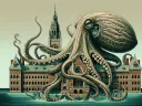 AI-generated illustration showing a giant octopus, its tentacles reaching around a brick university building