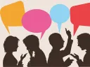 Illustration of people talking to each other with colorful thought bubbles above their heads