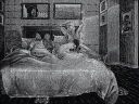 Black and white woodcut print depicting family waking up in parents bed 