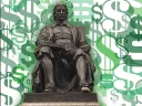 Illustration showing the John Harvard Statue against a collage of dollar signs in green