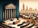 a lecture hall opening to a cityscape demonstrating homelessness