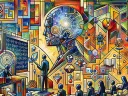 A colorful, cubist-like illustration of a Harvard classroom with a robotic humanoid head looming above.