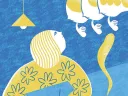 Blue and yellow illustration of a young woman writing at a desk and lost in thought