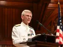 Vice Admiral Philip Cullom addresses audience at Sanders Theater