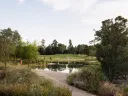 Green landscape with path in foreground leading to a pond and grassy open area. 