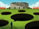 illustration of a man with backpack approaching a open green lawn with holes in the lawn shaped as thought bubbles with University Hall in the distance the the silhouette of protesters on either side of the building
