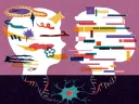 Conceptual illustration of two human heads in outline, one filled with disconnected blocks, the other with random images.