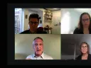 Four people in a video conference, three women and one man, each in a different setting.