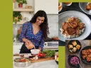 Collage of Chef Nisha Vora in the kitchen preparing a dish, a bowl of sticky coconut-milk-braised tofu over rice, and a plate of buttermilk-fried “chicken” with cornbread and dilly slaw.