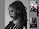 A black-and-white portrait of Tomi Adeyemi, alongside the covers of her novels "Children of Blood and Bone," "Children of Anguish and Anarchy," and "Children of Virtue and Vengeance."