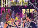 A vibrant illustration of a lively indoor gathering, with people eating, talking, and dancing. Abstract shapes representing microbes in pink, purple, and yellow surround the scene, creating a surreal atmosphere.