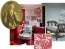 A collage featuring, from left: a young Ogden Codman Jr. in a sepia-toned portrait; items from the Codman Estate displayed in a museum; a close-up of a chair reflecting the English Arts and Crafts movement style; and a sample of the “Brother Rabbit” textile pattern, popular between 1882-90.