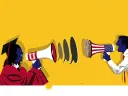 An illustration of a graduate in a cap and gown shouting into a megaphone labeled with a "U," facing a man shouting into a megaphone with an American flag design. The background is bright yellow.