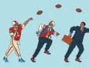 Cartoon of a man in a suit and two football players throwing footballs.