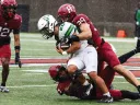 Harvard linebacker tackles Stetson player while a teammate assists during a football game.