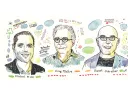 Illustrated portraits of Michael Mina, Doug Melton, and Stuart Schreiber, surrounded by scientific symbols and annotations related to their fields, including molecular biology, stem cells, and biomarker validation.