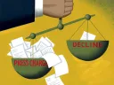 Illustration of a scale balancing papers labeled "Press Charges" against "Decline," held by a large hand.