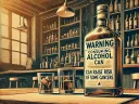 Illustration of a liquor bottle labeled with a health warning about alcohol and cancer risk, set in a bar.