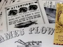 Assorted vintage printing samples, including an Ames Plow Tavern advertisement and Walpole Society notice.